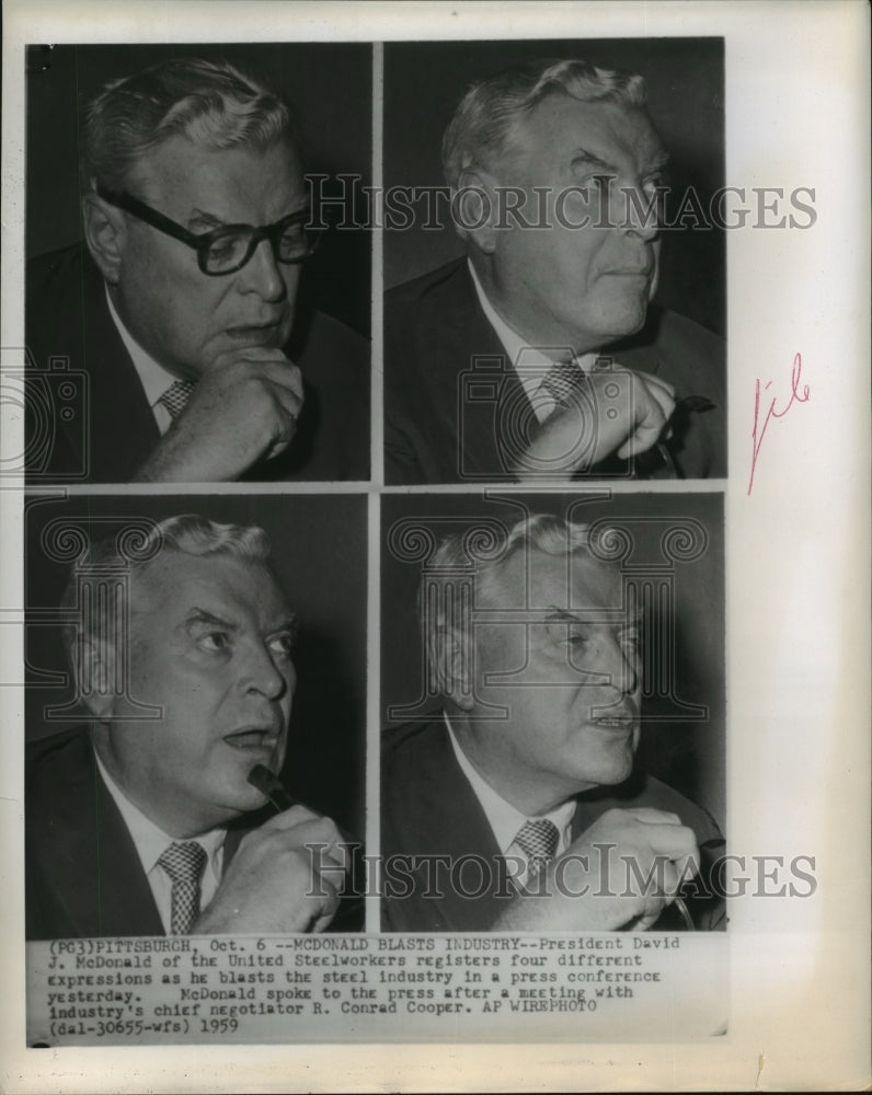 1959 Press Photo David McDonald blasts steel industry during press conference-Historic Images