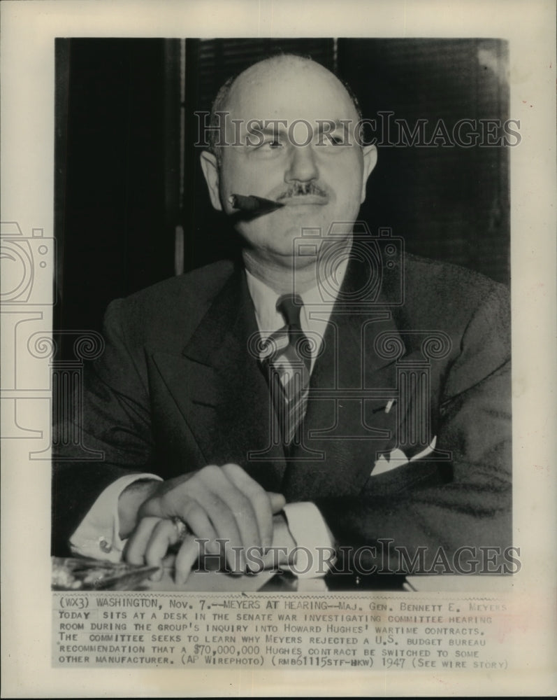 1947 Press Photo Maj. Gen. Bennett Meyers sits at a desk in a hearing room-Historic Images