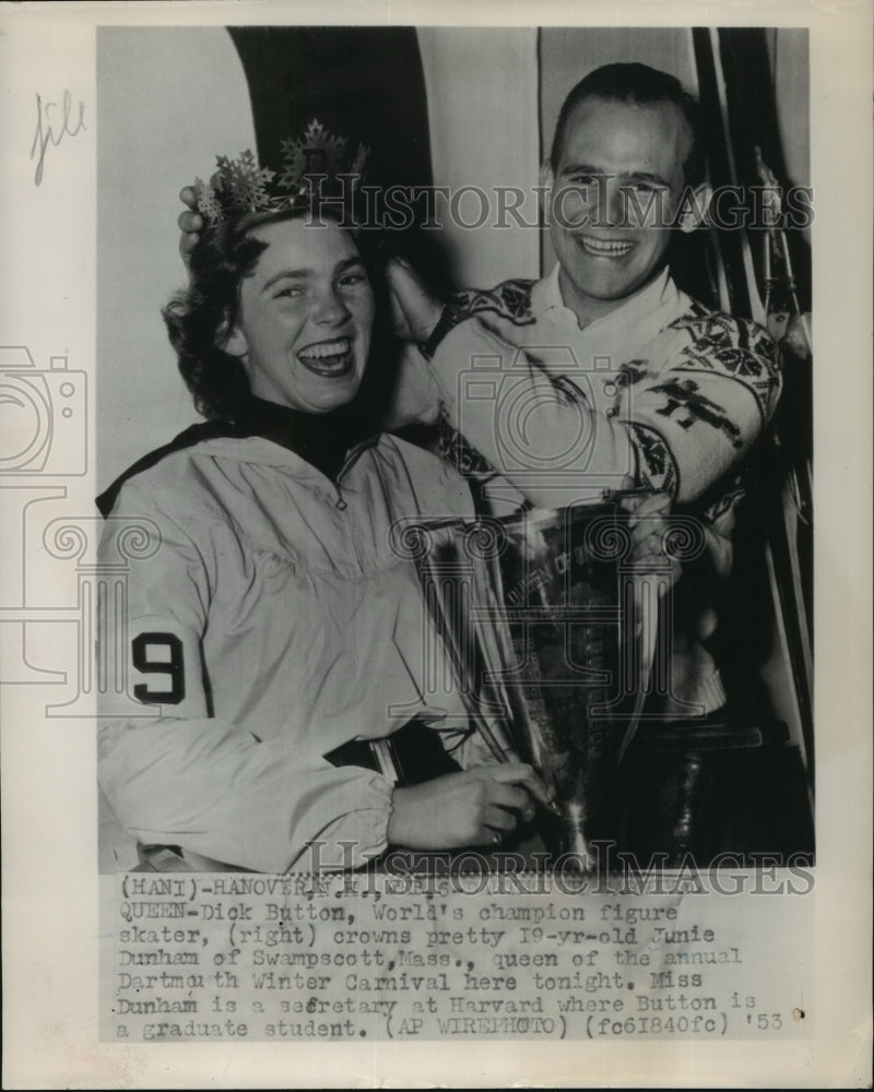 1953 Press Photo Dick Button World Champion Figure Skater crowned Junie Dunham- Historic Images