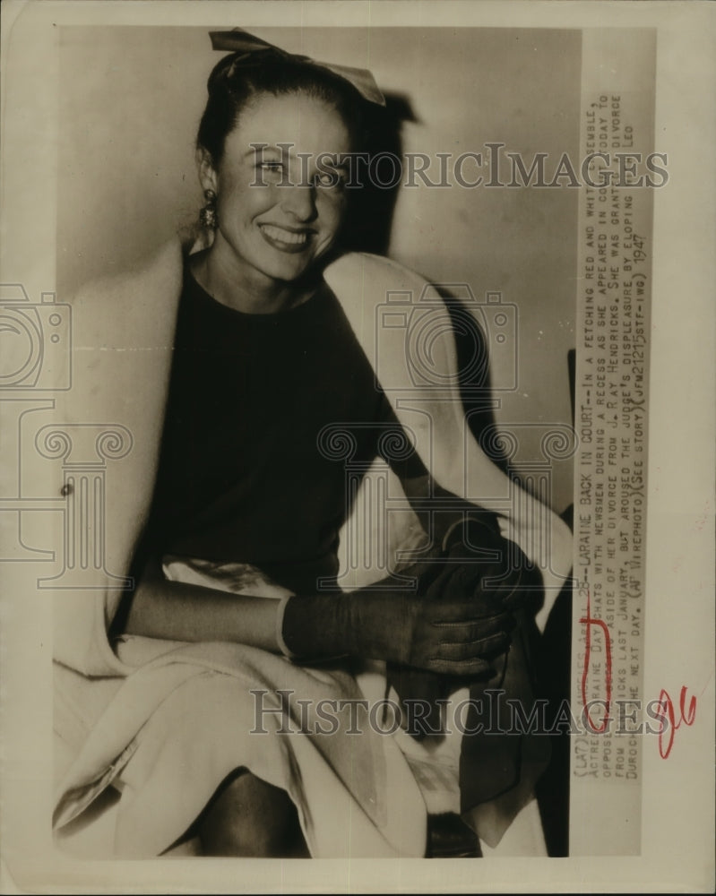 1947 Press Photo Actress Laraine Day appears in court for her divorce case-Historic Images