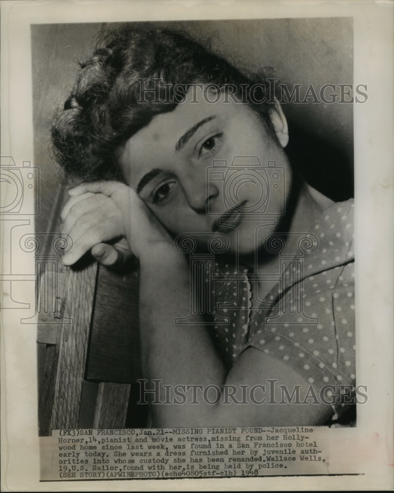 1948 Press Photo Jacqueline Horner missing Pianist found in San Francisco Hotel-Historic Images