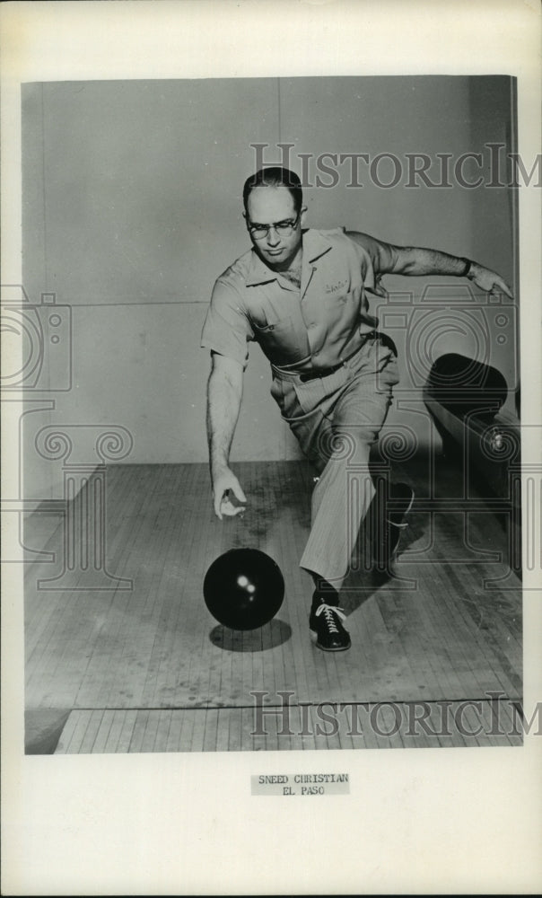 Sneed Christian of El Paso caught in action as he plays bowling - Historic Images