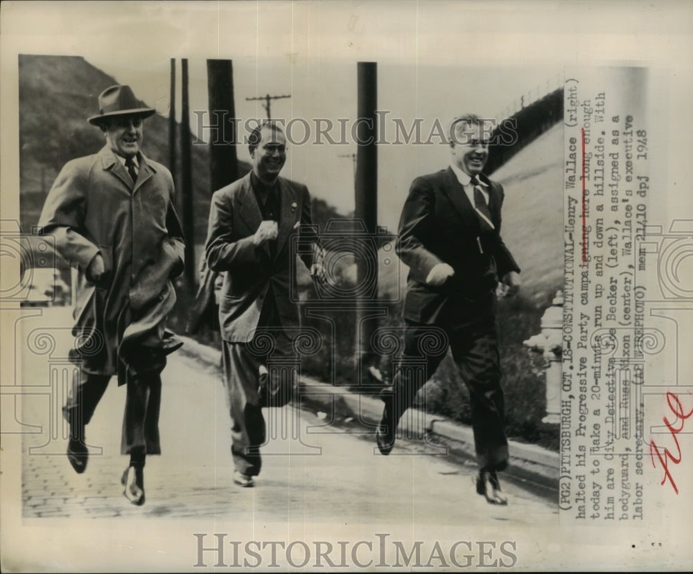 1948 Press Photo Henry Wallace in Pittsburgh Pa with Joe Becker &amp; Russ Nixon-Historic Images