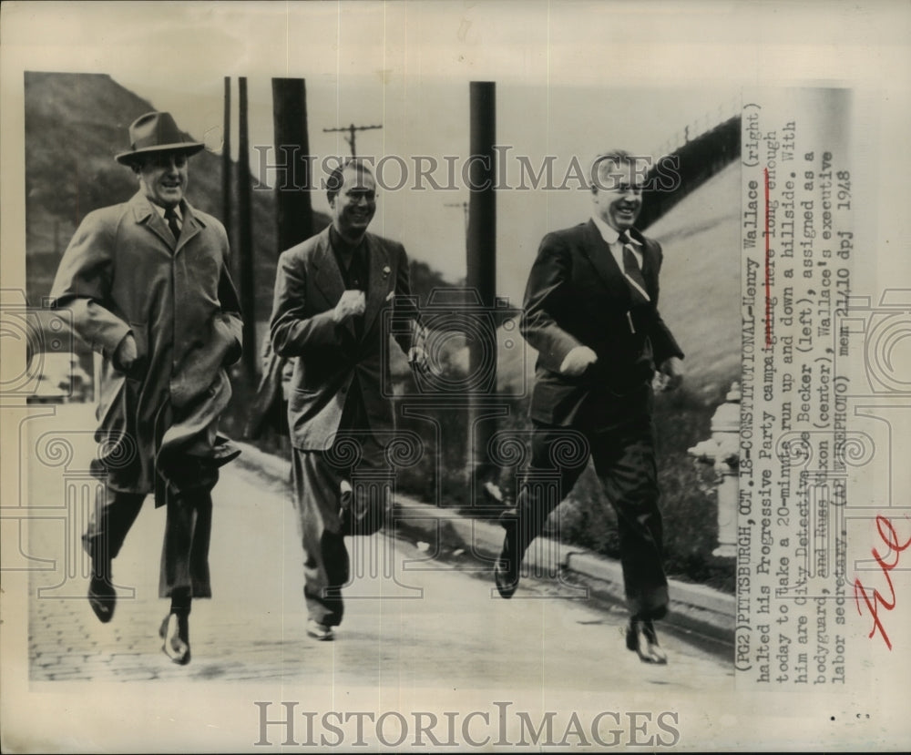 1948 Press Photo Henry Wallace in Pittsburgh Pa with Joe Becker & Russ Nixon-Historic Images