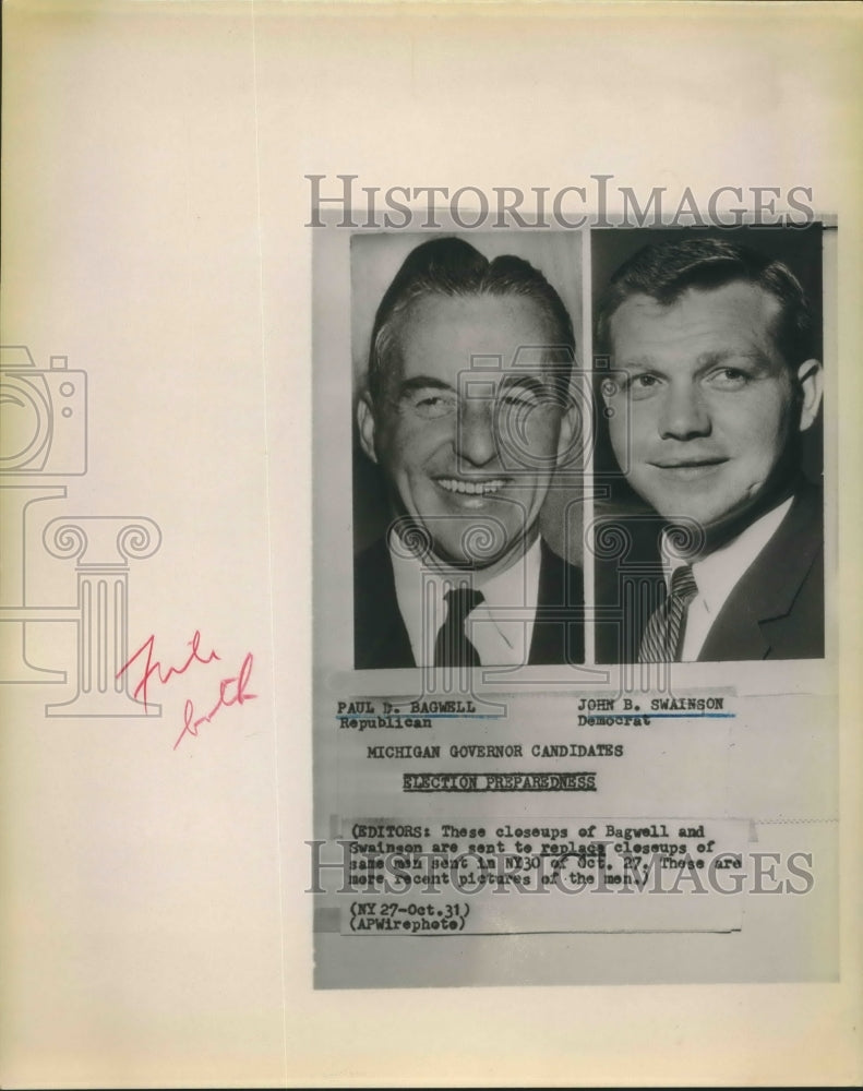 Press Photo Michigan Gov candidates Paul D Bagwell GOP & John B Swainson Dem-Historic Images