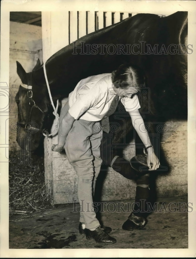 1937 Press Photo Lady Wright of Wiltsmire, England checks her champion horse - Historic Images