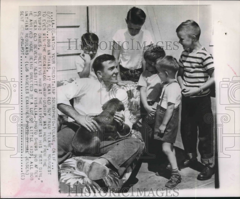 1948 Press Photo Bob Mathias, Olympic Decathlon Champion welcomed by supporters-Historic Images