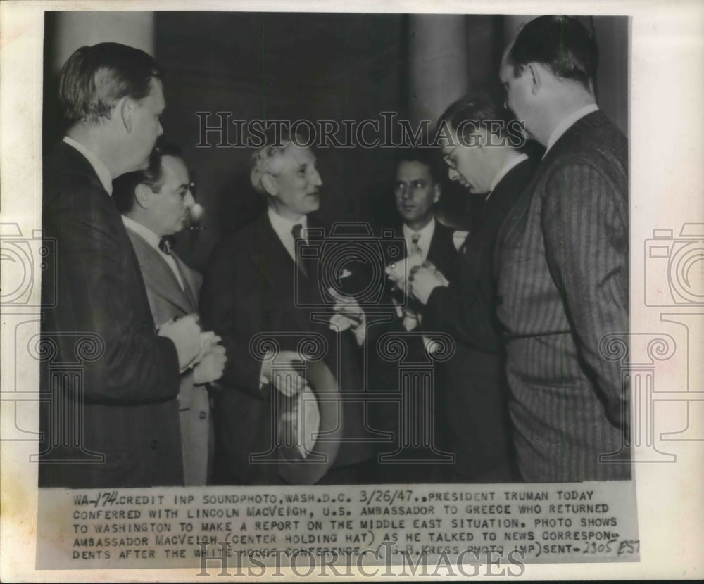 1947 Press Photo Pres Truman Confer with Lincoln MacVeigh Regarding Middle East-Historic Images