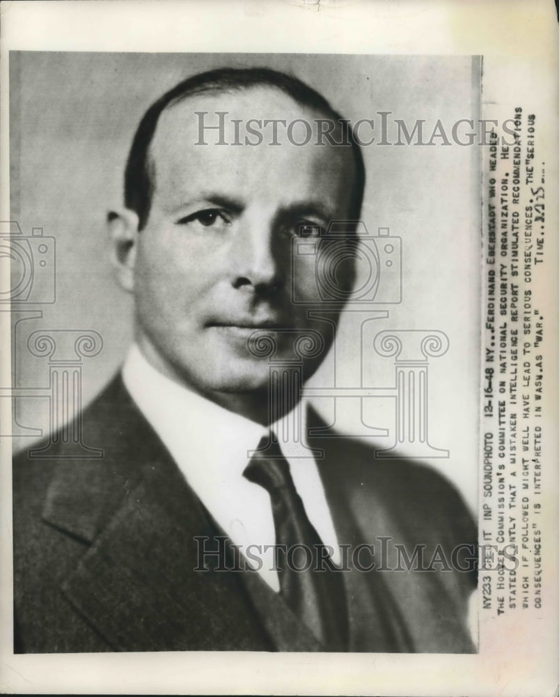 1948 Press Photo Ferdinand Eberstadt heads The Hoover Natl.Security Organization-Historic Images