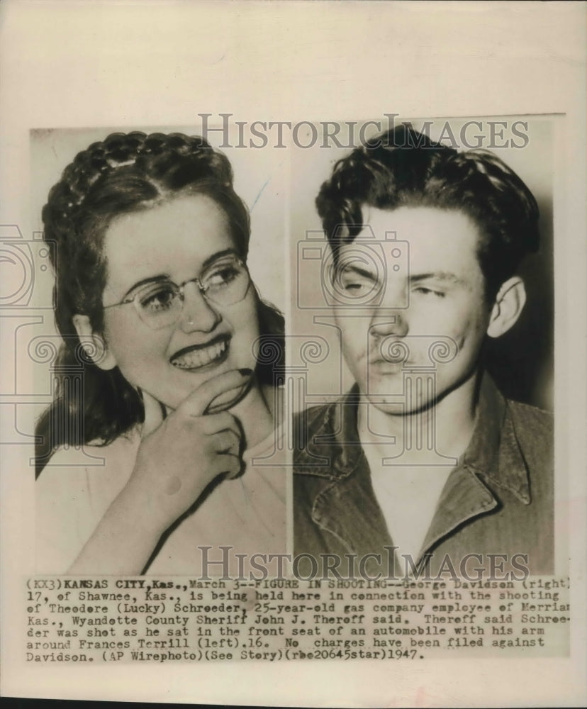 1947 Press Photo Frances Terrill is with Schroeder when shot by George Davidson-Historic Images