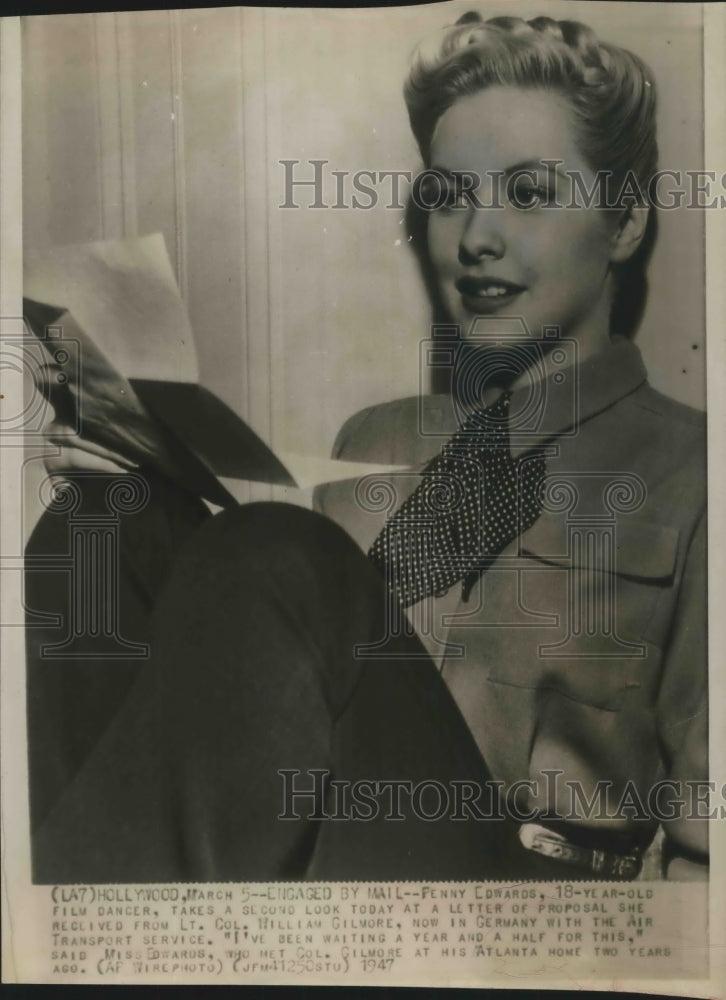 1947 Penny Edwards reads the proposal letter from William Gilmore - Historic Images
