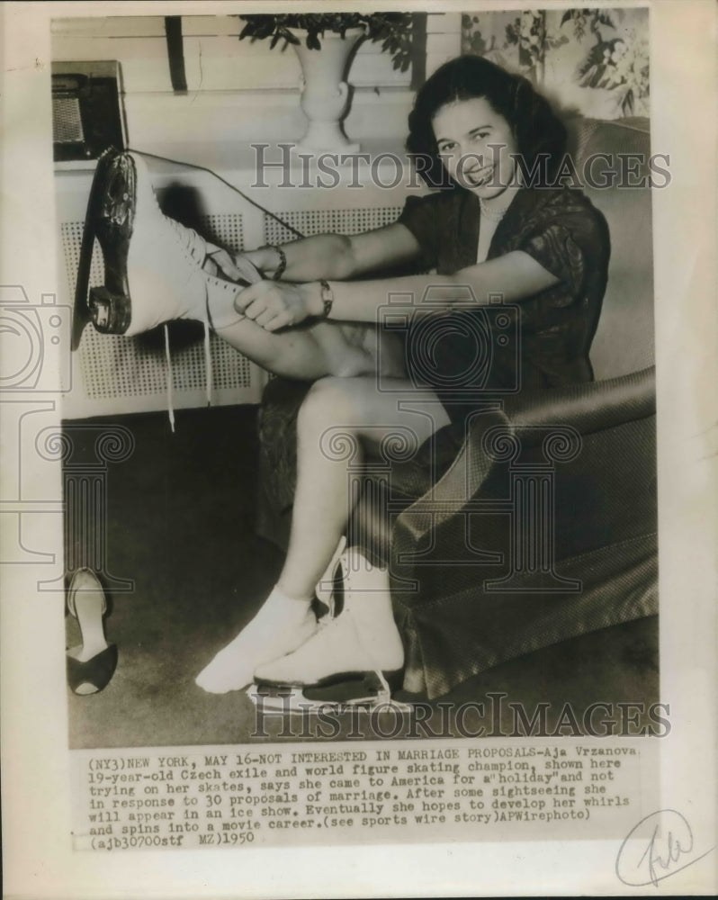 1950 Press Photo Aja Vrzanova World Figure Skating Champion Tries on Skates-Historic Images