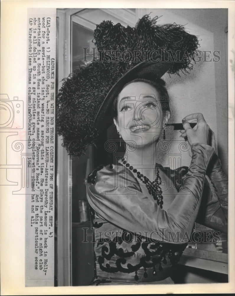 1962 Press Photo Actress Dorothy Lamour back in Hollywood for a movie-Historic Images