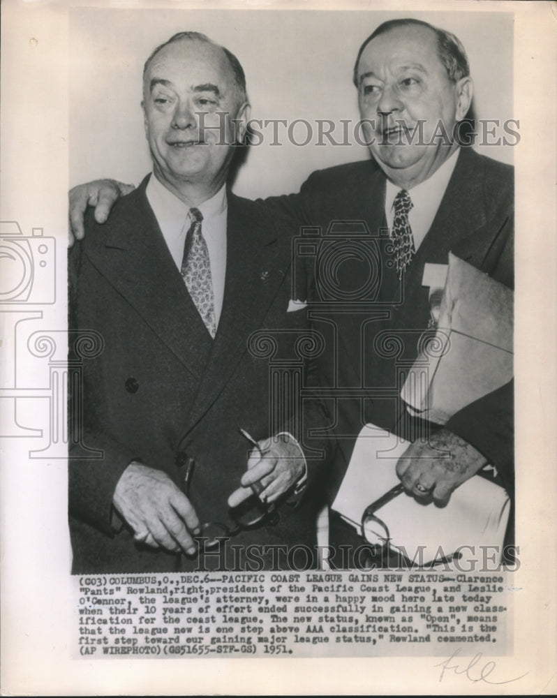 1951 Press Photo Clarence Rowland &amp; Leslie O&#39;Connor of the Pacific Coast League - Historic Images