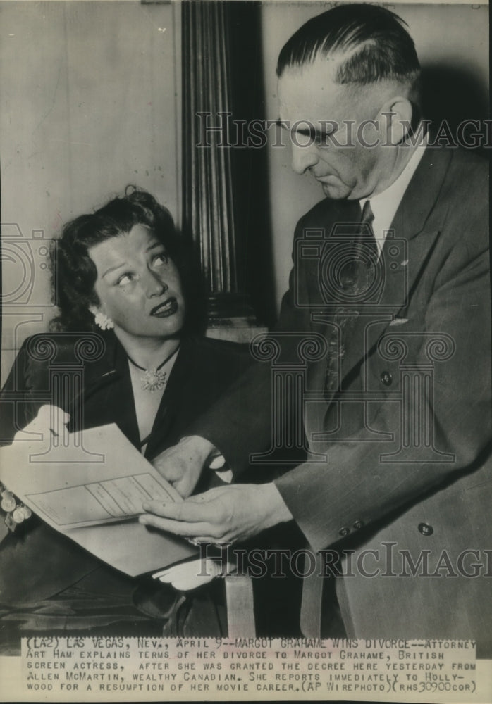 Press Photo Attorney Art Ham describes terms of divorce to Margot Grahame-Historic Images