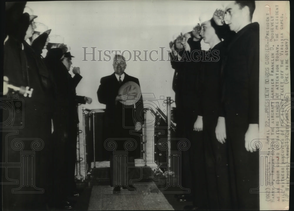 1946 Press Photo President Harry Truman boards Carrier Franklin Roosevelt-Historic Images