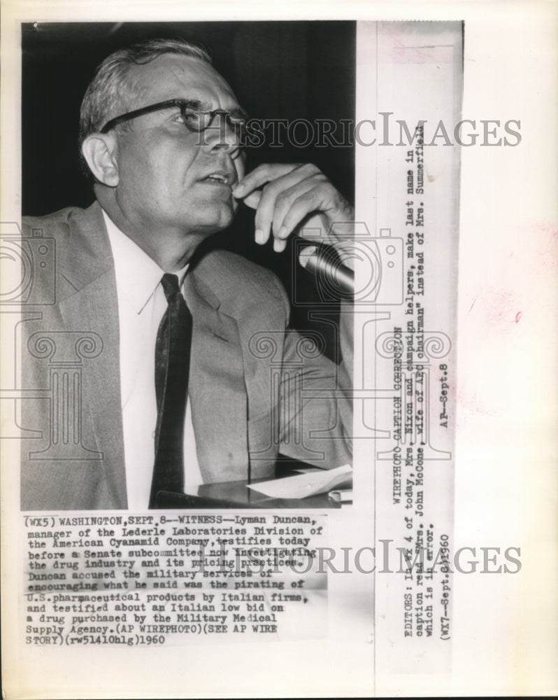 1960 Press Photo Lyman Duncan of Lederle Labs at Senate subcmmittee - sba26035-Historic Images