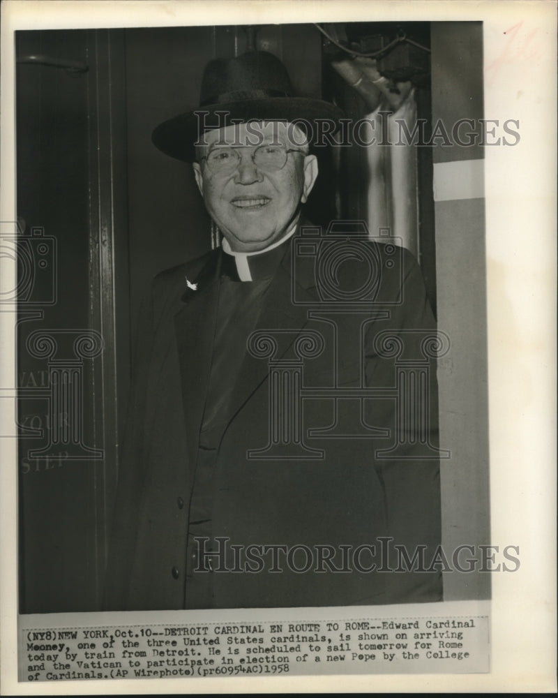 1958 Edward Cardinal Mooney of Detroit arrives in New York by train - Historic Images