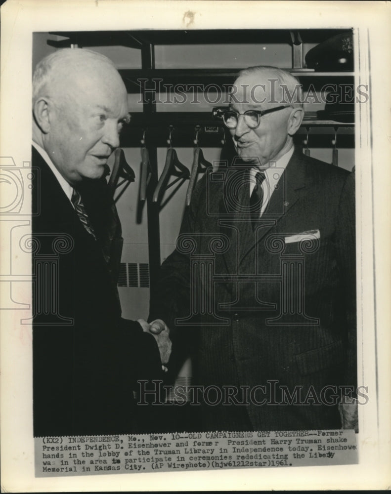 1961 Press Photo Former Presidents Eisenhower & Truman Meetup in Truman Library-Historic Images
