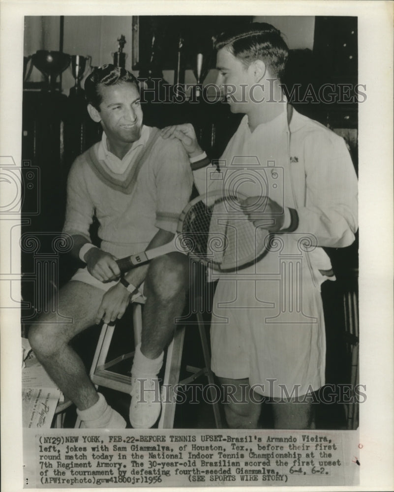 1956 Press Photo Brazil's Armando Vieira With Sam Giammalva Of Huston, Texas-Historic Images