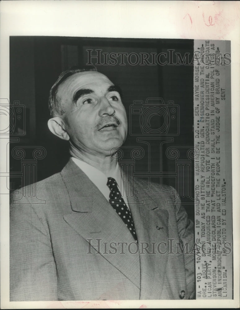 1952 Press Photo Senator Wayne Morse announces support to candidate Stevenson-Historic Images