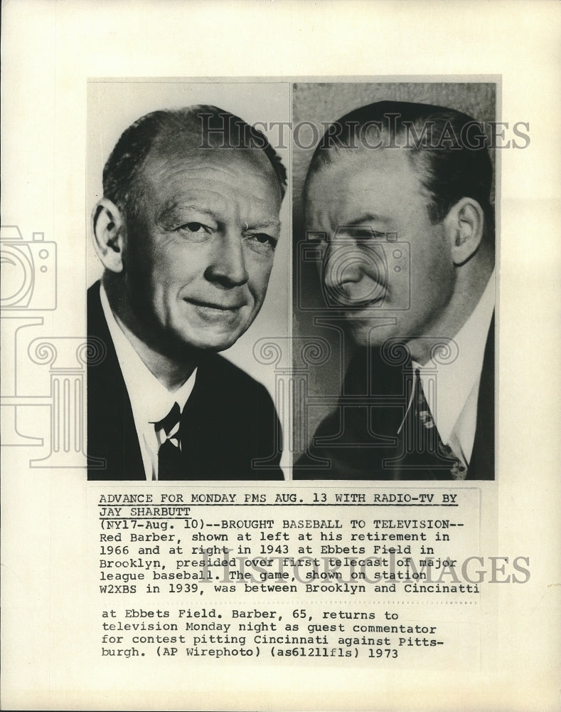 1973 Press Photo Red Barber at 1943 retirement &amp; today as a commentator - Historic Images