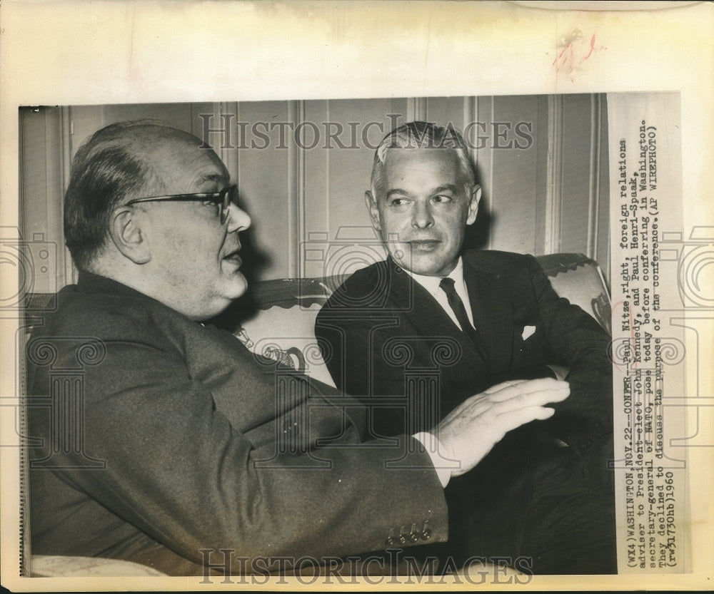1960 Press Photo Paul Nitze ,adviser to JF Kennedy with NATO&#39;s Paul Henri Spaak - Historic Images