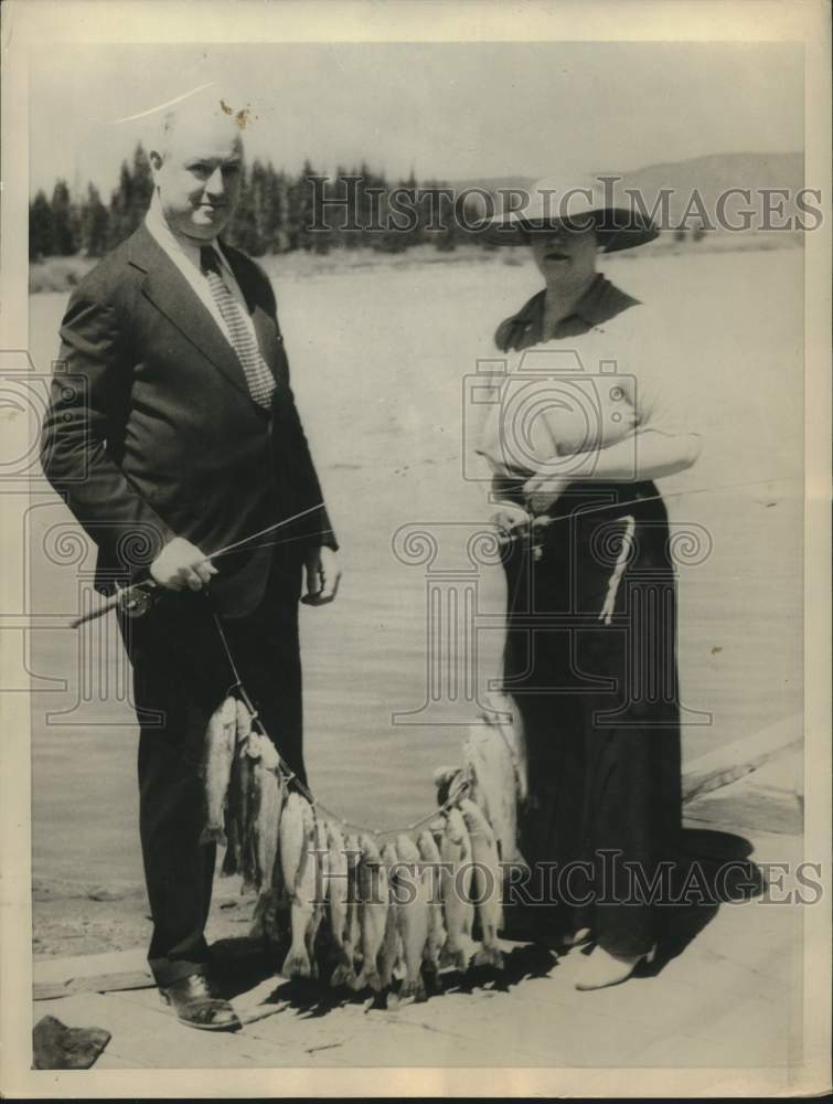 1935 Press Photo Postmaster General and Mrs. James Farley fishing in Yellowstone- Historic Images