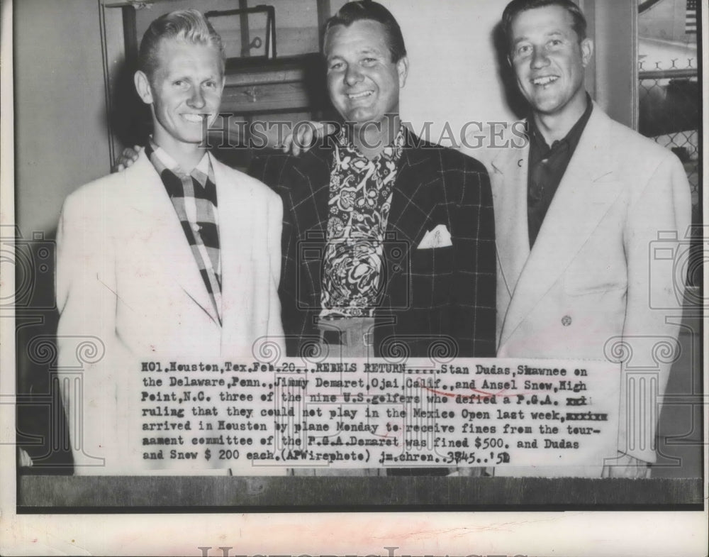 1951 Press Photo Three U.S Golfers Stan Dudas, Jimmy Demaret and Ansel Snow- Historic Images