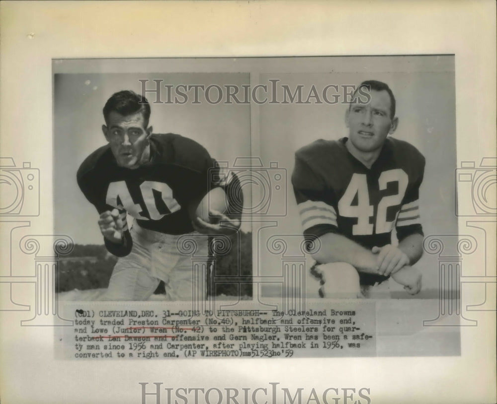 1959 Press Photo Preston Carpenter of Browns and Lowe wren of Steelers - Historic Images