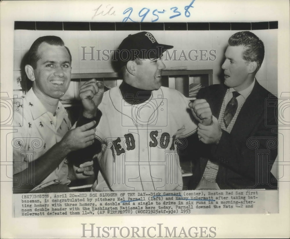 1953 Press Photo Dick Gernert congratulated by Mel Parnell and Maury McDermott- Historic Images