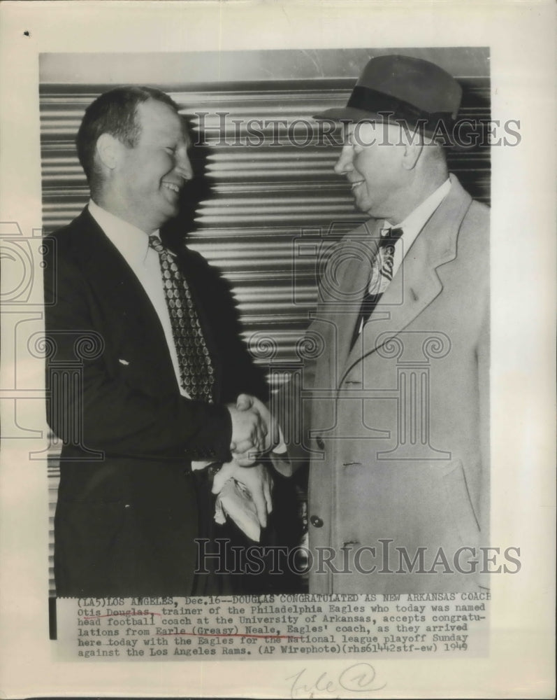 1949 Press Photo Otis Douglas Named Football Coach Shake Hands with Earle Neale - Historic Images