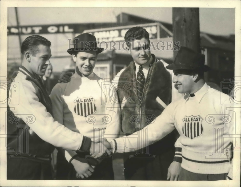 1937 Press Photo Members of East-West Football Teams Shake Hands Over Game - Historic Images