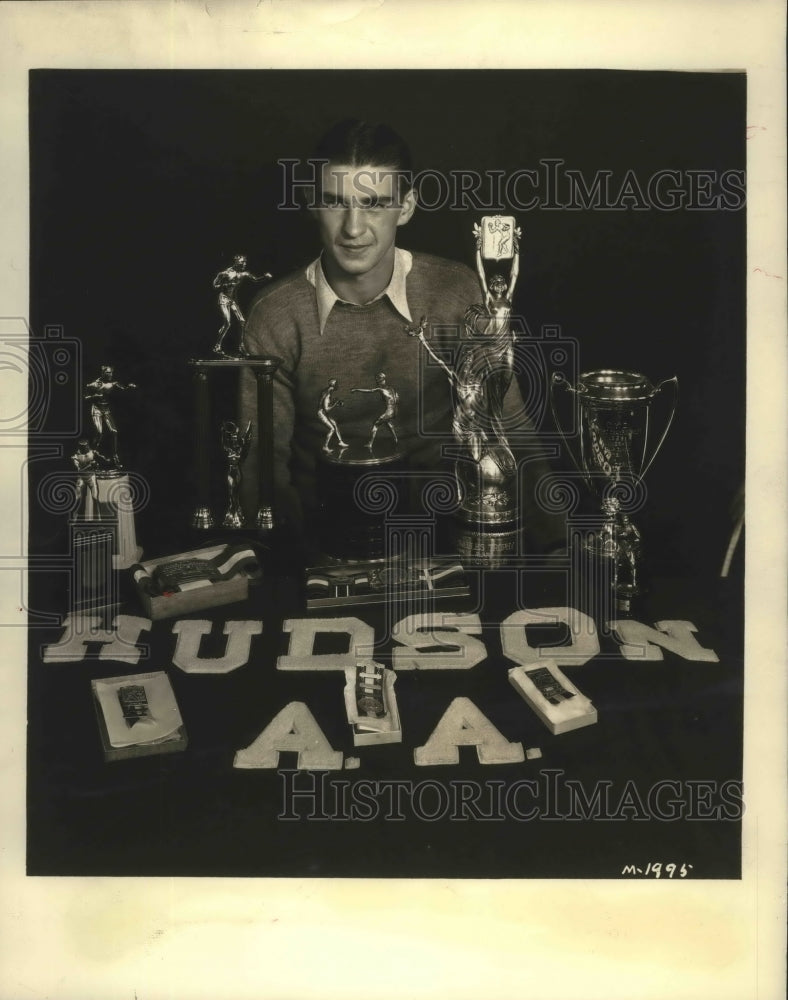 Press Photo Ted Cerwin Surrounded by Trophies He Won During 5-Year Box Career - Historic Images