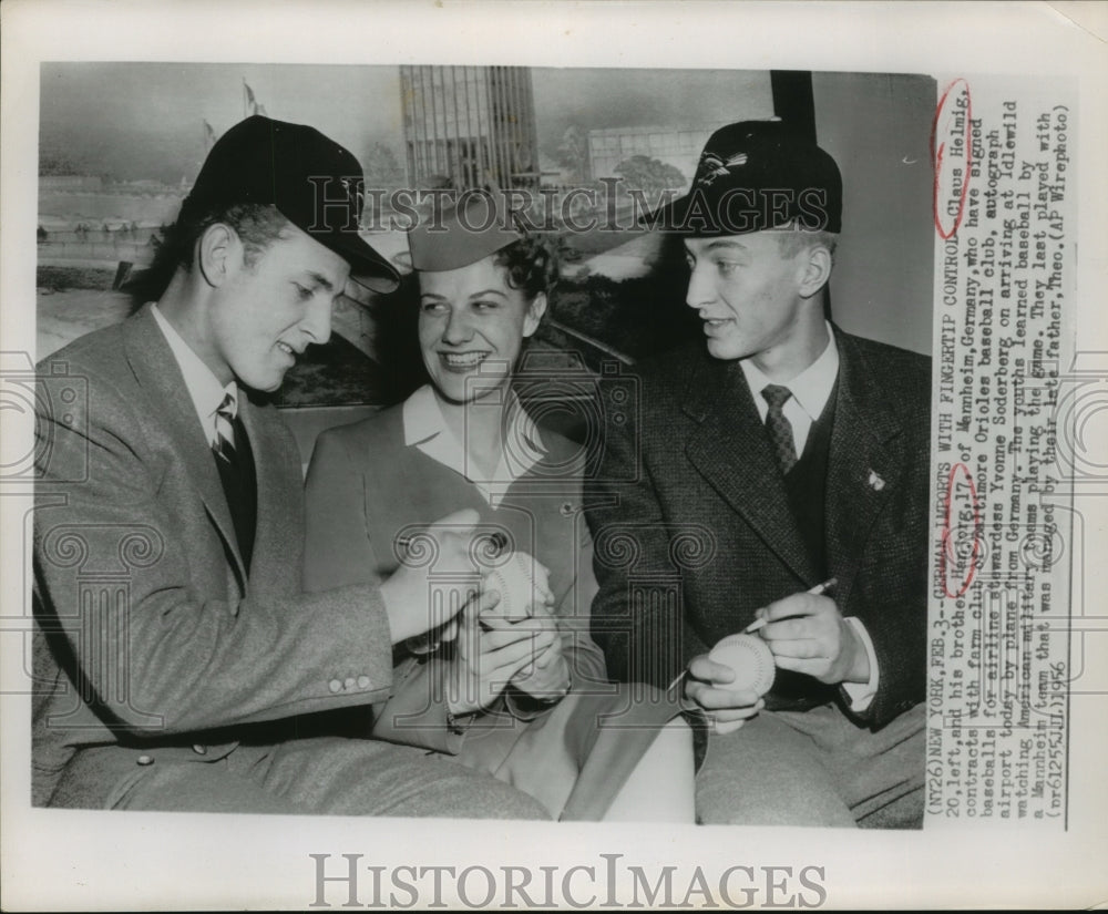 1956 Press Photo Claus & Hanjorg Helmig Autograph Baseballs for Stewardess- Historic Images