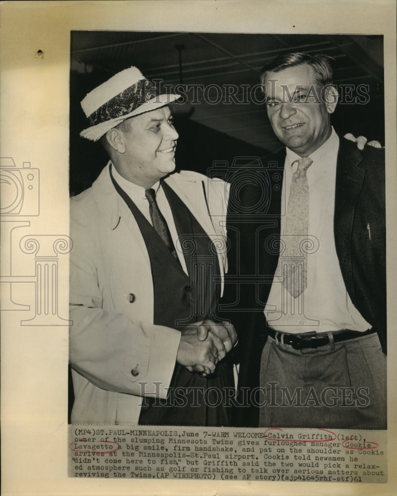 1961 Press Photo Calvin Griffith, Cookie Lavagetto Minnesota Twins Managers- Historic Images