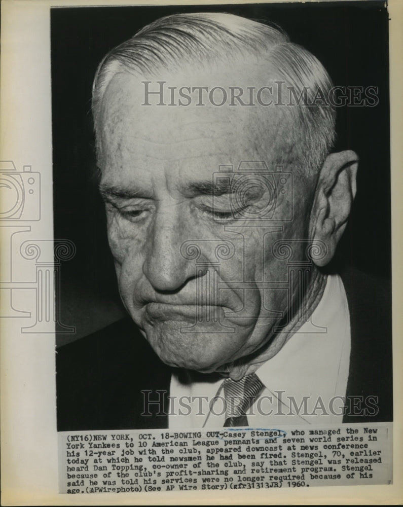 1960 Press Photo Casey Stengel Tells Newsmen He's Fired as Yankees Manager- Historic Images