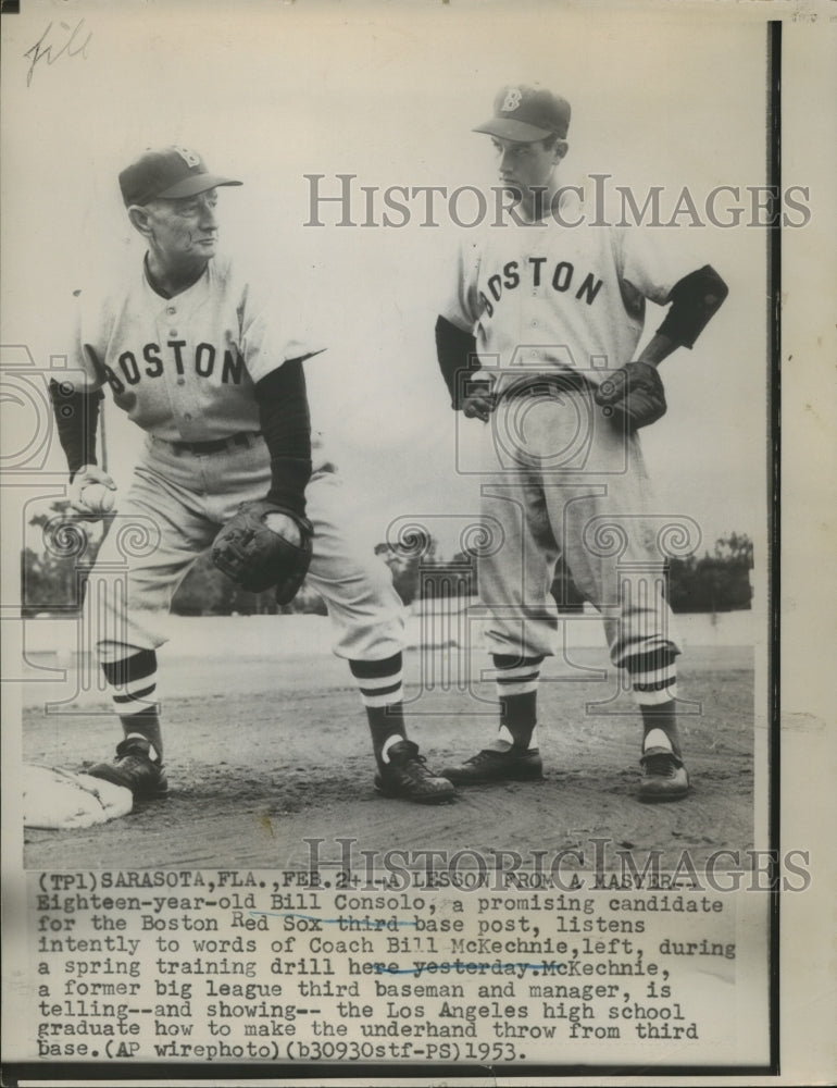 1953 Press Photo Bill Consolo, Bill McKechnie at Boston Red Sox Training- Historic Images