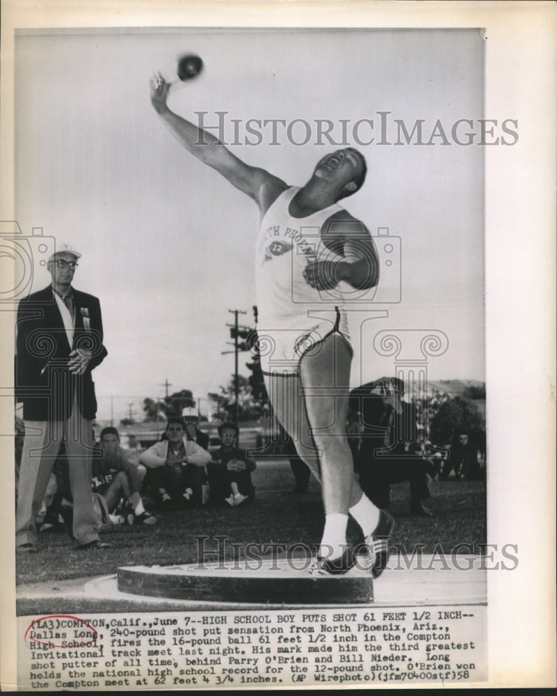 1958 Press Photo Dallas Long wins Shot Put event at Compton Track Meet- Historic Images
