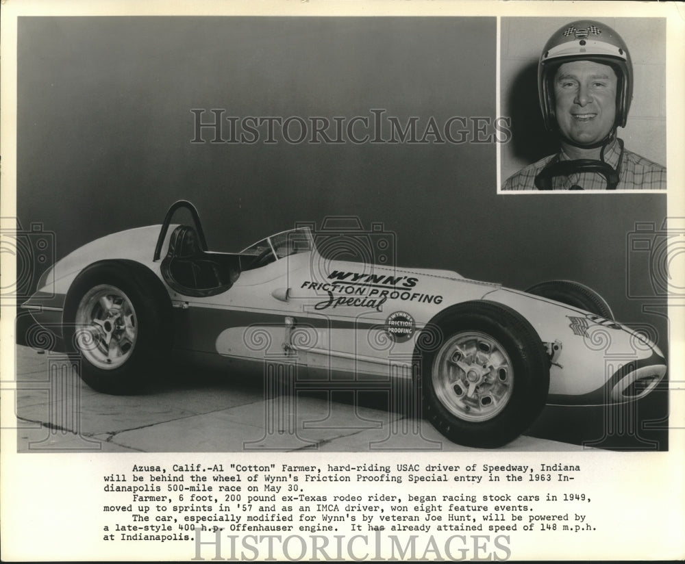 1957 Press Photo Al &quot;Cotton&quot; Farmer, USAC driver, and Wynn&#39;s FP Special car - Historic Images