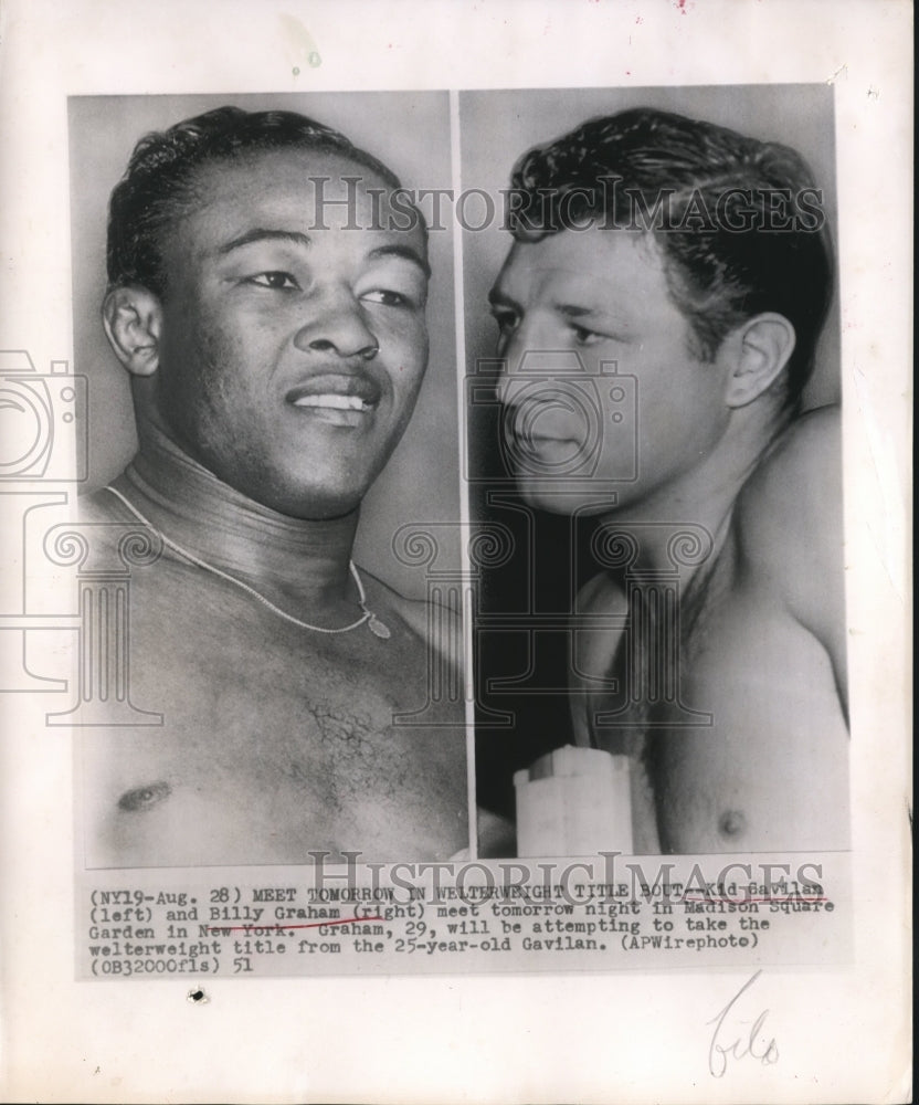 1951 Press Photo Kid Gavilan & Billy Graham to have match at Madison Square - Historic Images