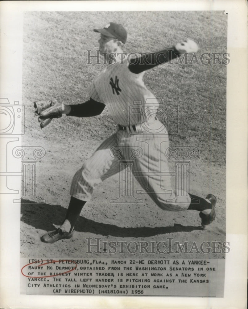 1956 Press Photo Maury McDermott pitching against the Kansas City Athletics- Historic Images