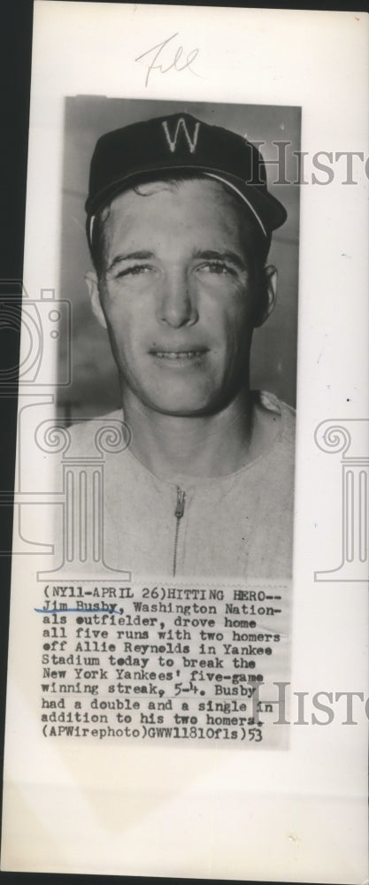 1953 Press Photo Jim Rusby drives home all five runs with two homers - sbs09118 - Historic Images