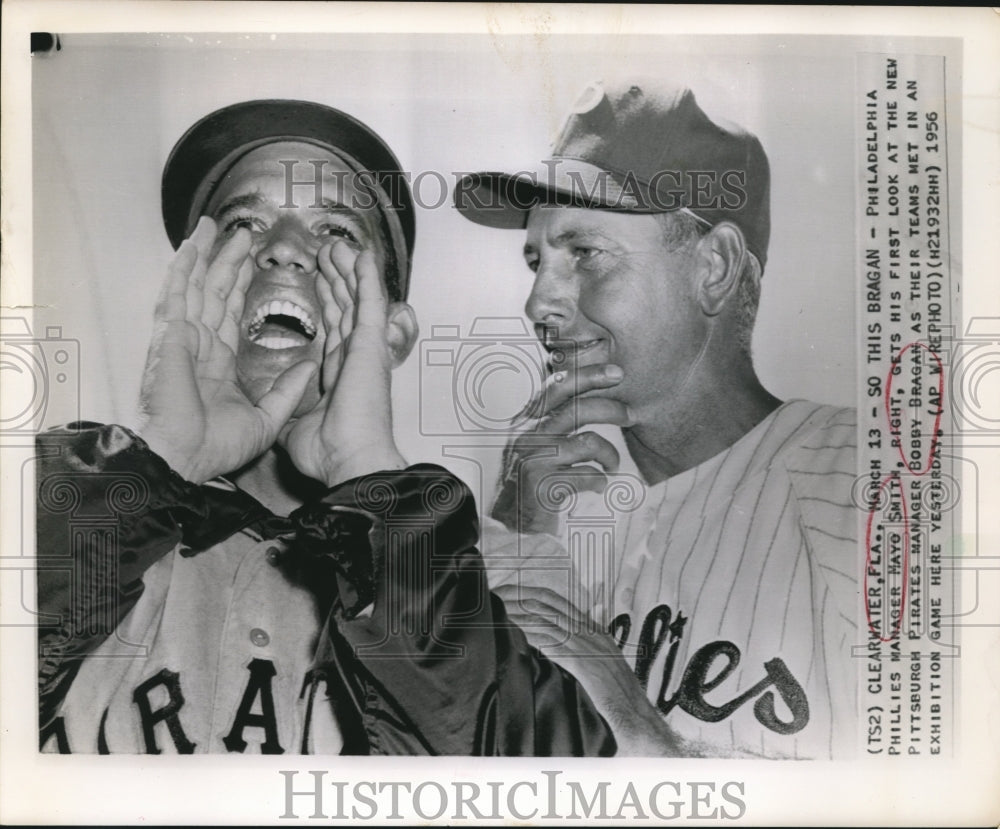 1956 Press Photo Mayo Smith gets his first look at Pirates Manager Bobby Bragan - Historic Images
