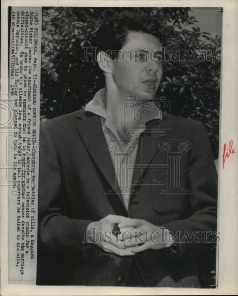 1958 Press Photo Eddie Fisher in Hollywood CA speaks of Debbie Reynolds- Historic Images
