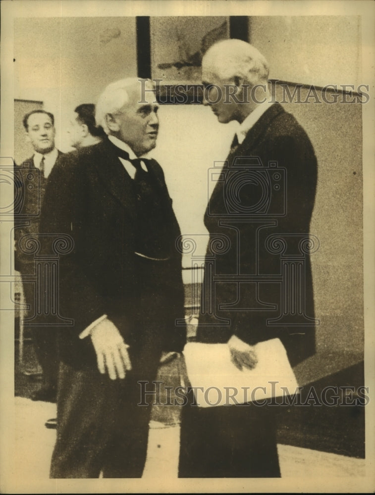 1932 Press Photo Ex Secretary of State Frank Kellogg &amp; British Sir John Simon - Historic Images