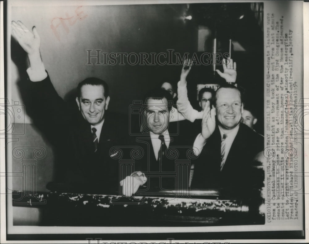 1954 Press Photo Sen. Lyndon Johnson,VP Richard Nixon, Sen Knowland at Capitol - Historic Images