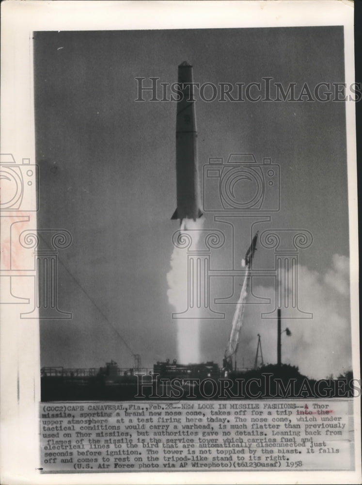 1958 Press Photo Thor Missile test firing in Cape Canaveral, Florida - Historic Images