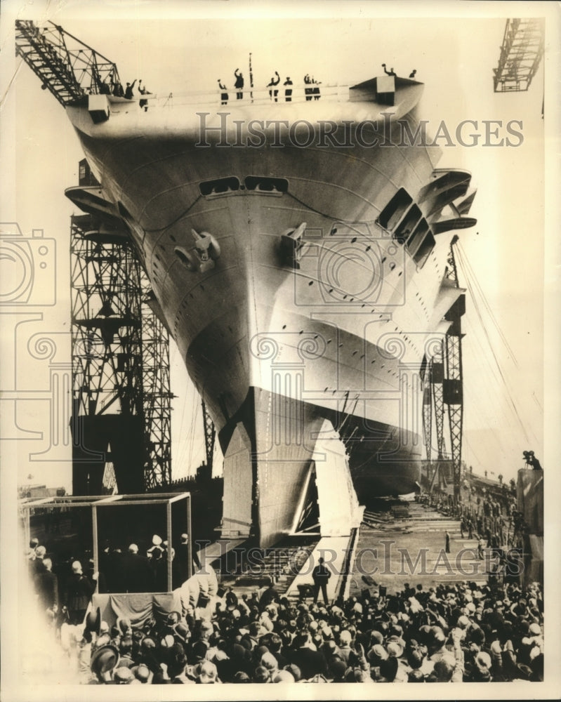 1937 Press Photo British Aircraft Carrier "Ark Royal" Launches in Birkenhead-Historic Images