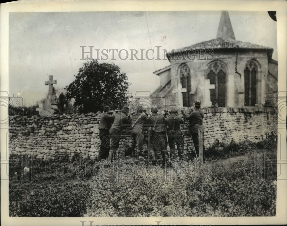 1939 Press Photo French Soldiers Firing on German Invaders Behind Cemetery Wall - Historic Images